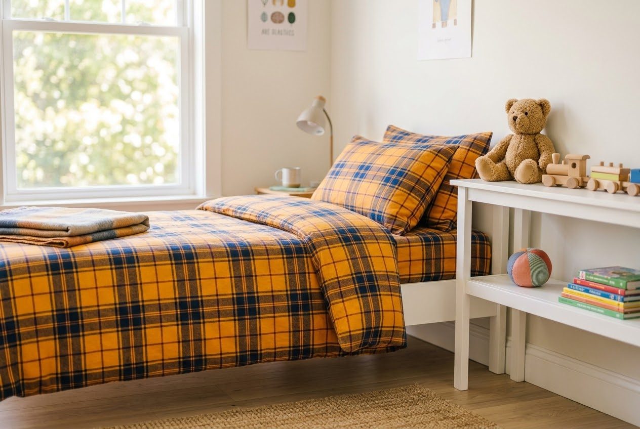 A child's bed dressed in a yellow and navy plaid duvet and pillows