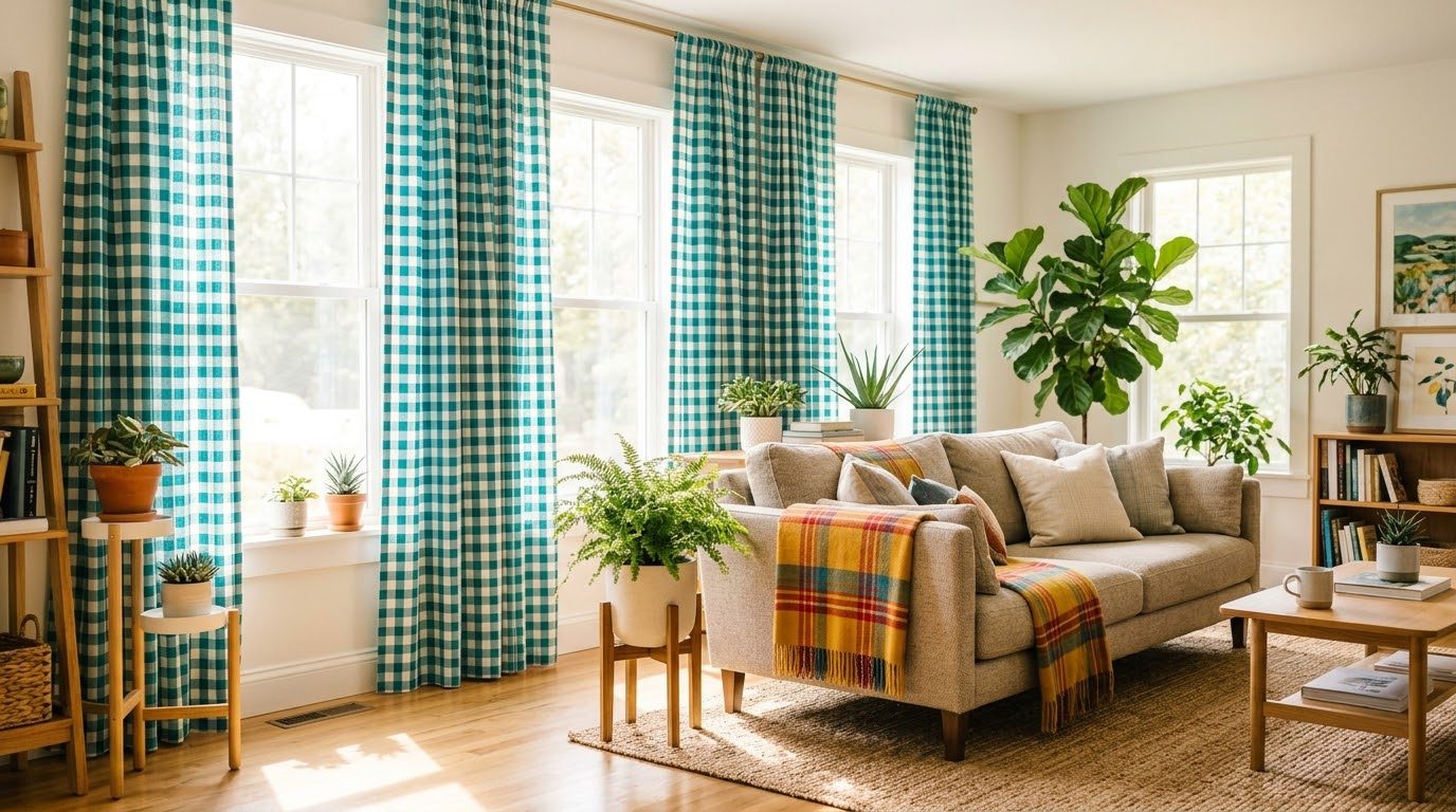 A bright living room with teal and white gingham curtains
