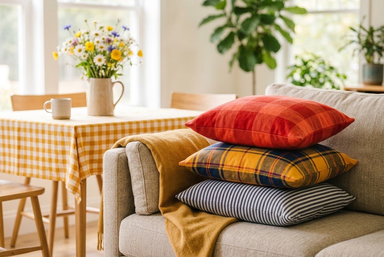 Red, yellow and striped cushions on a sofa beside a yellow gingham tablecloth