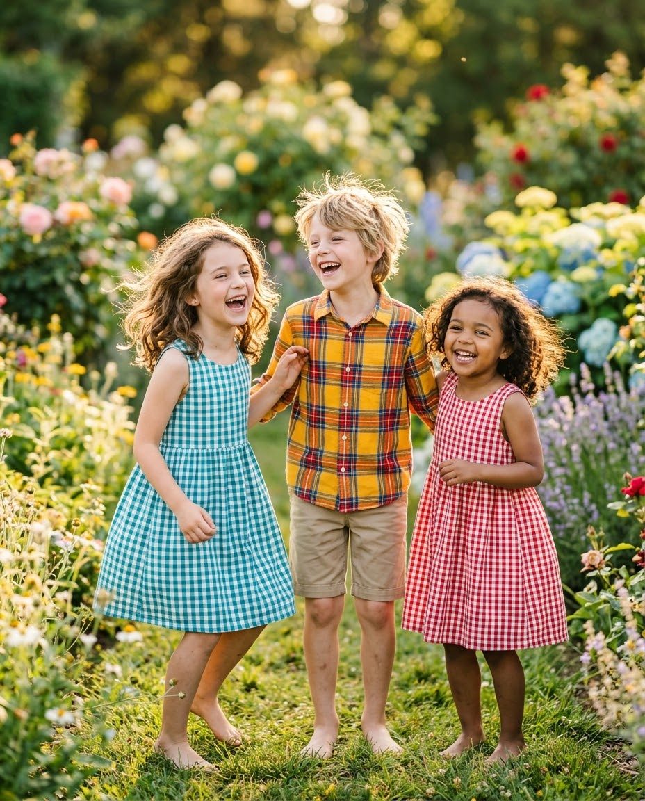 Three laughing children in a flower garden, wearing teal gingham, yellow plaid and red gingham