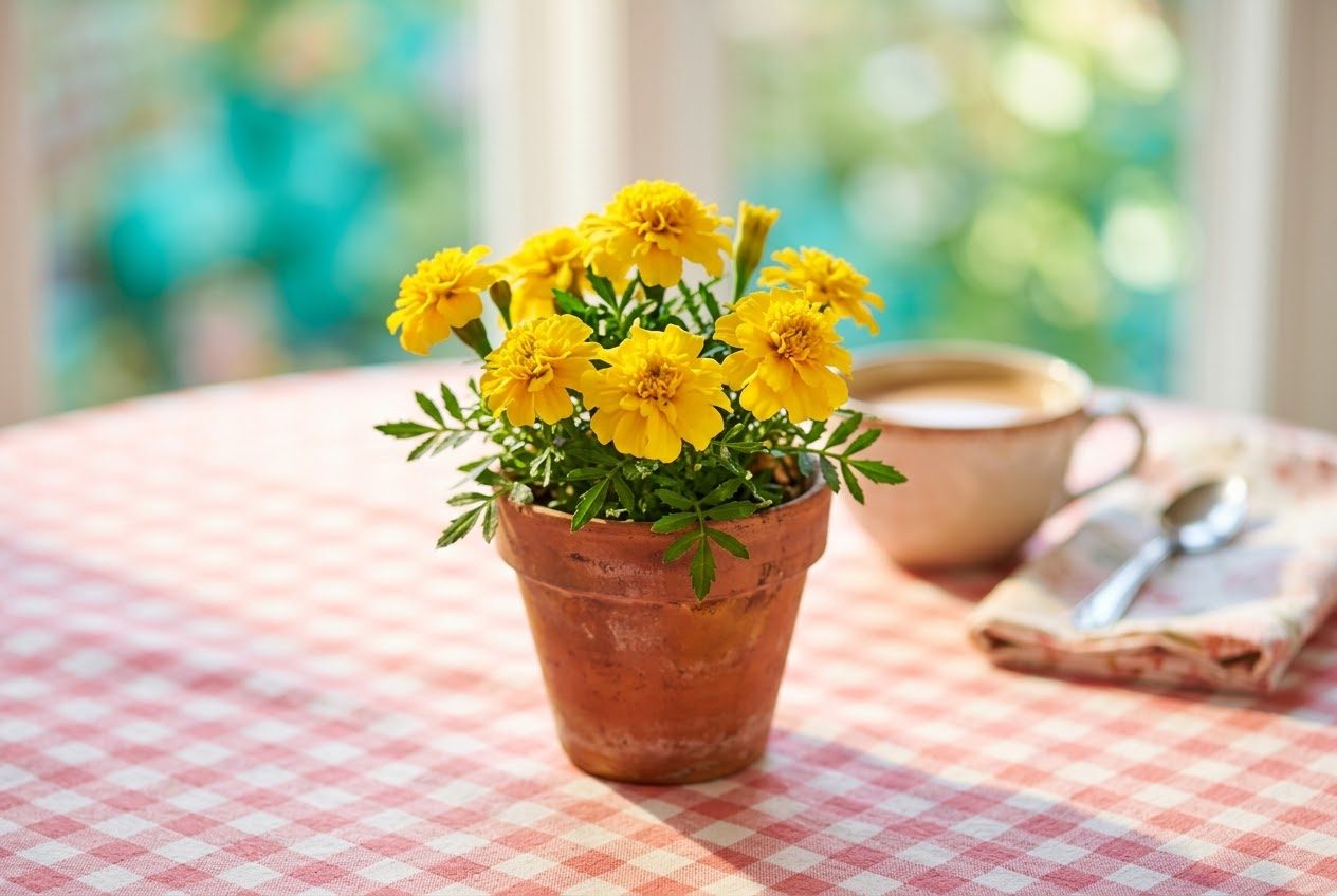 A pot of yellow marigolds on a pink gingham tablecloth beside a sunny window