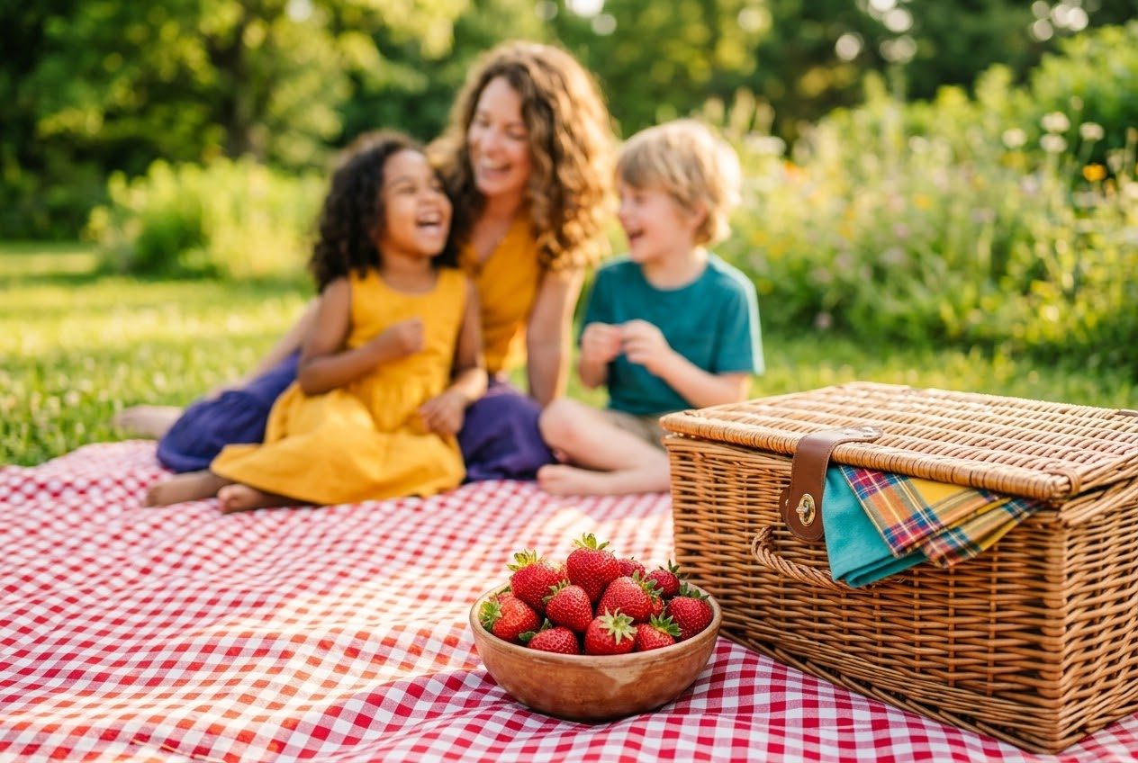A mother and two children laughing on a red gingham picnic blanket, with a bowl of strawberries and a wicker hamper