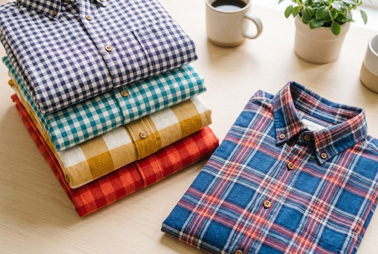 A stack of folded gingham and check shirts beside an open plaid shirt on a wooden table