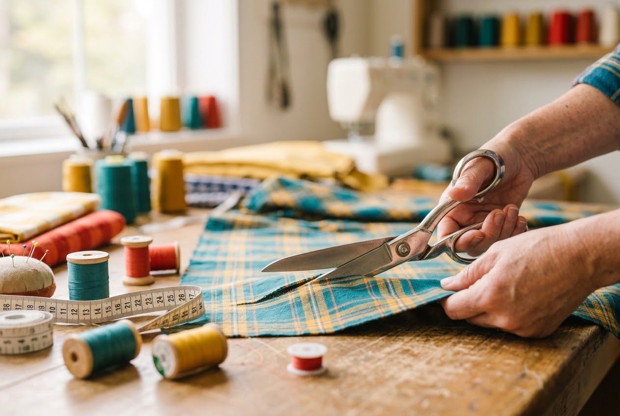 Hands cutting teal and yellow plaid cotton with tailor's scissors beside thread spools and a tape measure